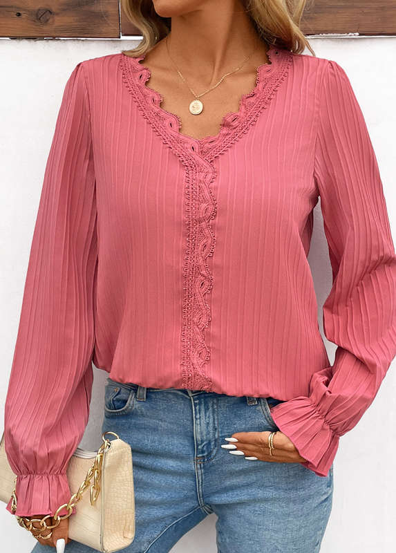 Lace V Neck Long Sleeve Blouse