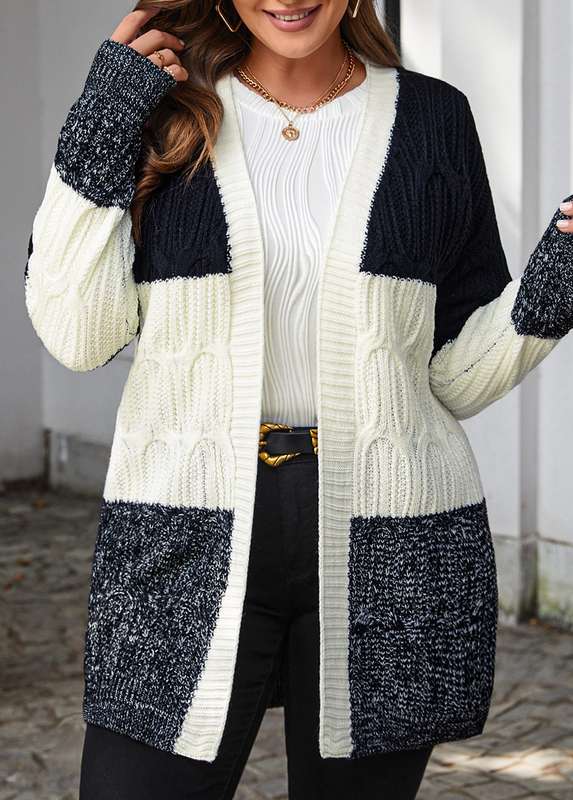 Patchwork Striped White Long Sleeve Cardigan