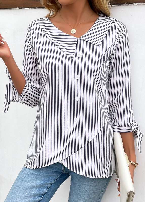 Button Striped Light Grey Asymmetrical Neck Blouse