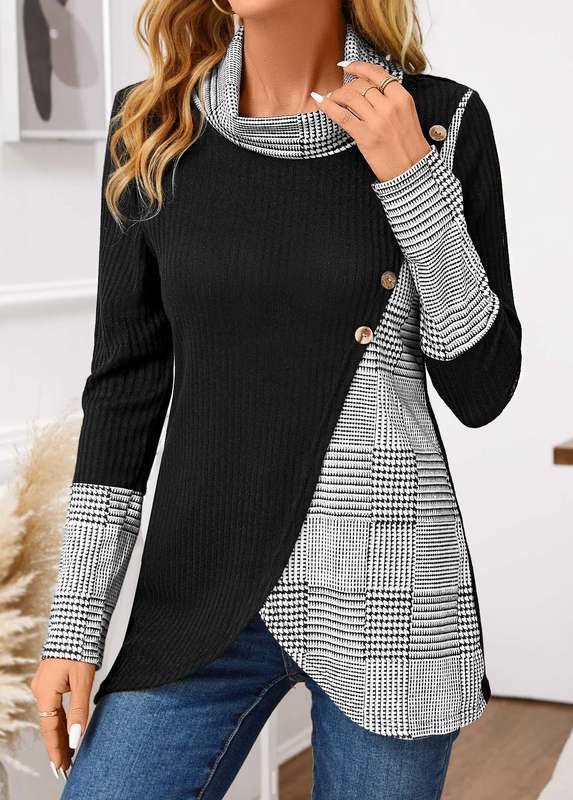 Asymmetry Plaid Black Cowl Neck Long Sleeve T Shirt