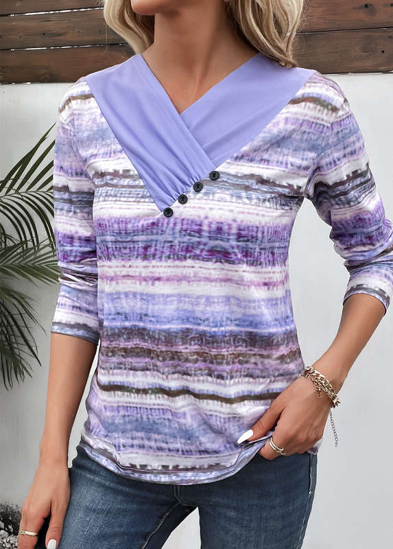 Patchwork Striped Light Purple V Neck T Shirt