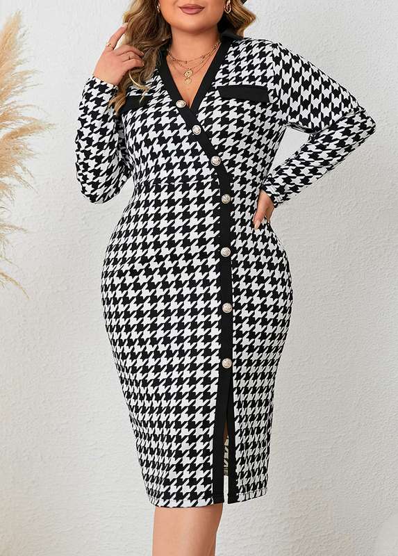 Plus Size Button Black Plaid V Neck Dress