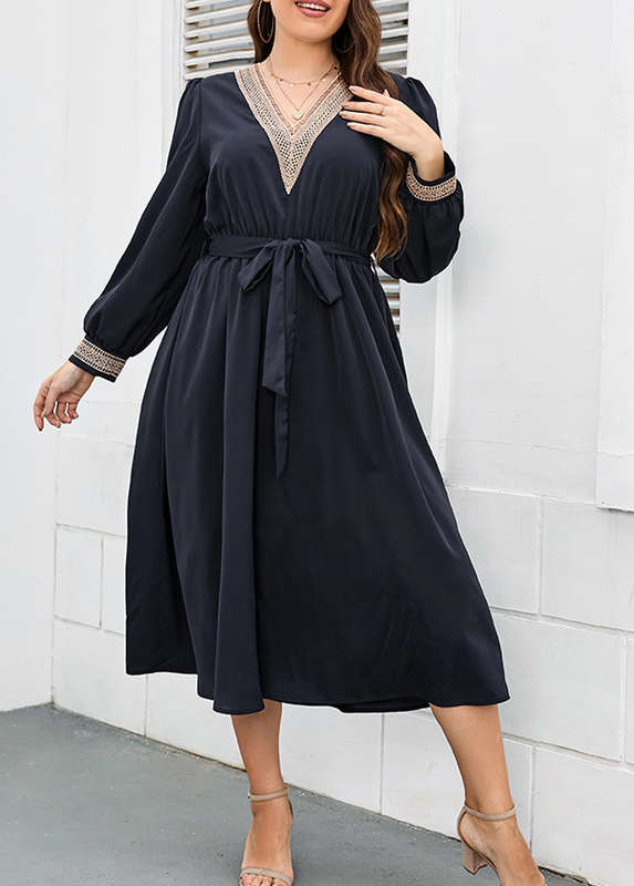 Plus Size Lace Navy Belted V Neck Dress