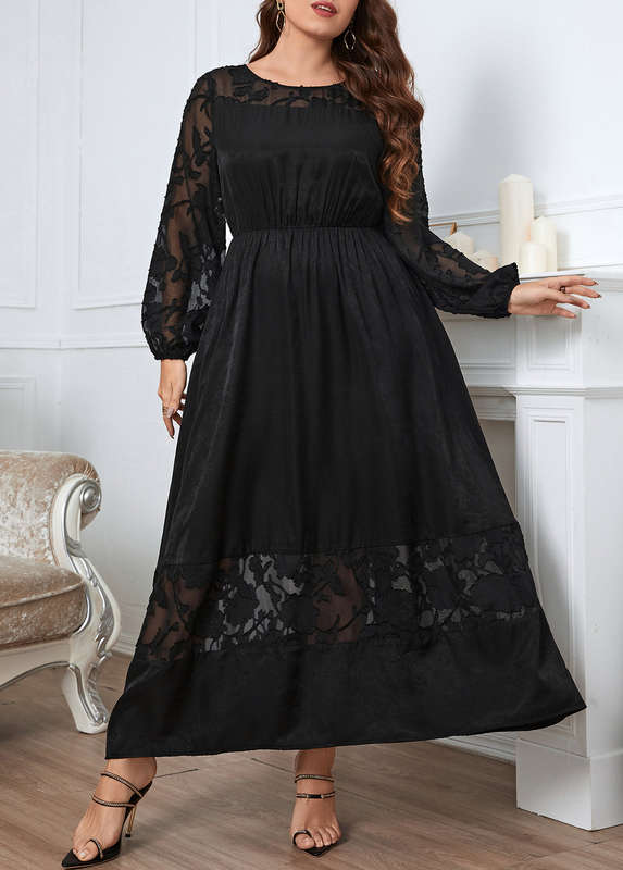 Plus Size Patchwork Black Round Neck Maxi Dress