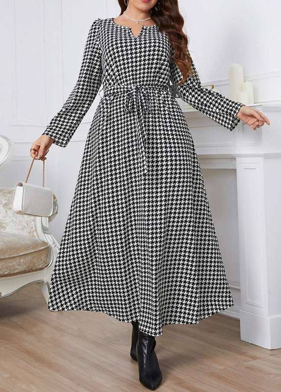 Plus Size Umbrella Hem Black Belted Plaid Maxi Dress