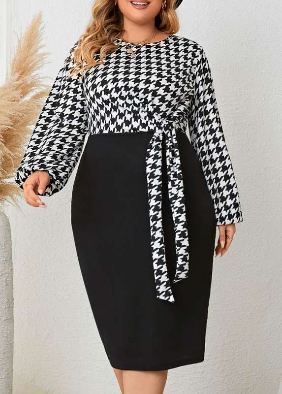 Plus Size Tie Black Plaid Round Neck Bodycon Dress