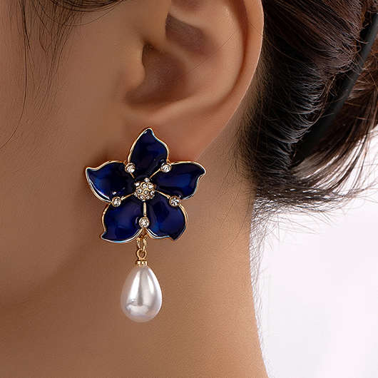 Pearl Navy Rhinestone Detail Alloy Earrings