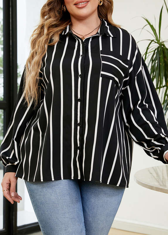 Plus Size Button Black Striped Shirt Collar Blouse