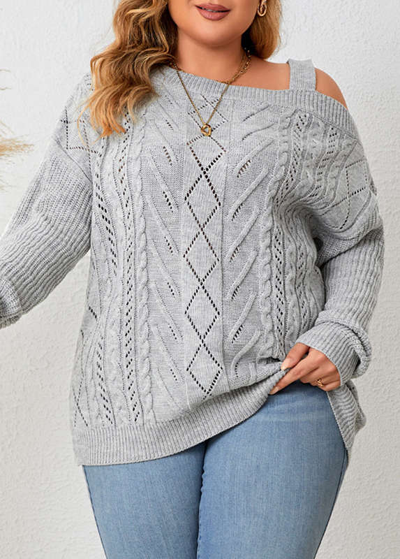 Plus Size Asymmetry Grey Asymmetrical Neck Long Sleeve Sweater