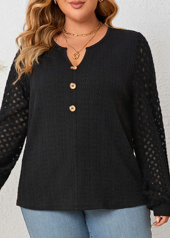 Plus Size Button Black Split Neck Long Sleeve Blouse