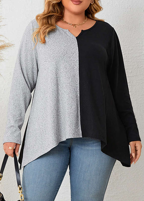 Plus Size Handkerchief Hem Black Split Neck T Shirt