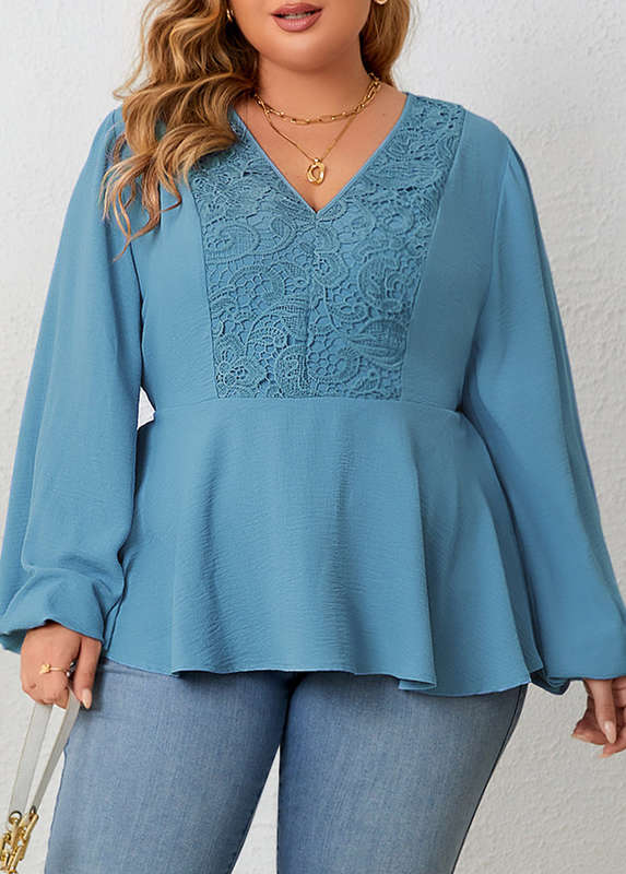 Plus Size Patchwork Dusty Blue V Neck Blouse