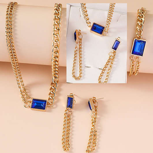 Rectangle Blue Alloy Earrings Necklace and Bracelet