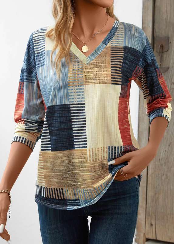 Geometric Print V Neck Long Sleeve T Shirt