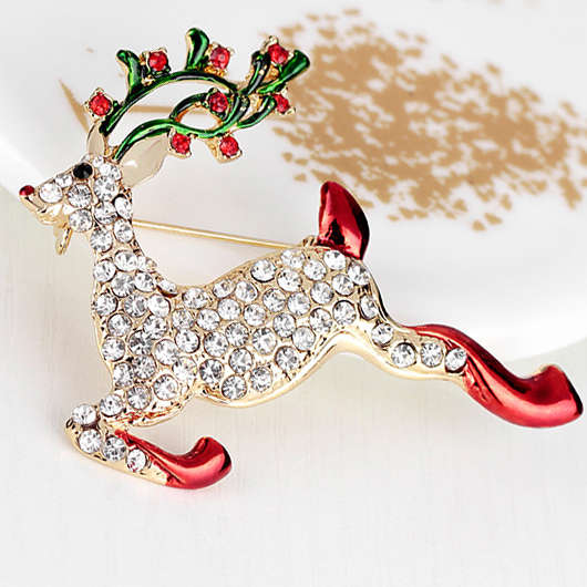 Golden Alloy Rhinestone Detail Reindeer Brooch