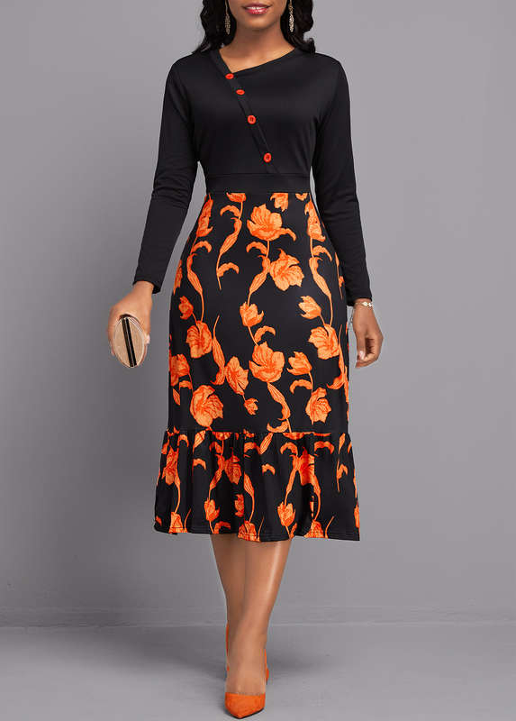 Button Floral Print Black Asymmetrical Neck Long Sleeve Dress