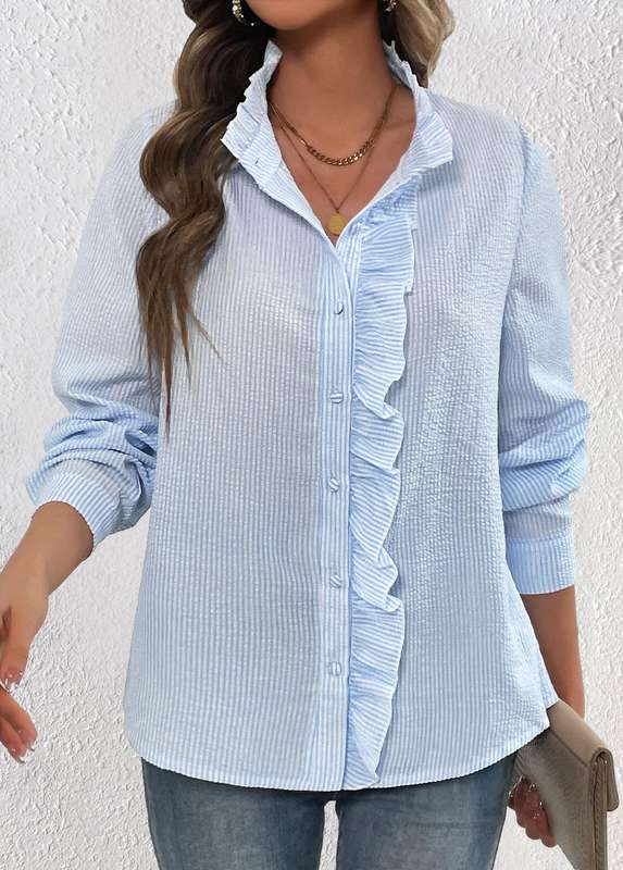 Frill Striped Light Blue High Neck Long Sleeve Blouse