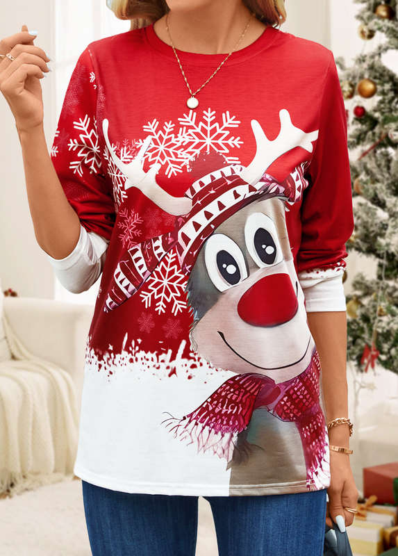 Christmas Red Round Neck Long Sleeve T Shirt