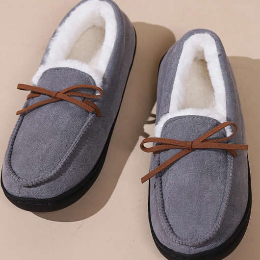 Faux Fur Dark Grey Bowknot Falt Closed Toe Slippers