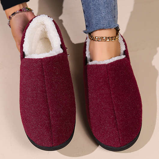 Faux Fur Wine Red Falt Closed Toe Slippers
