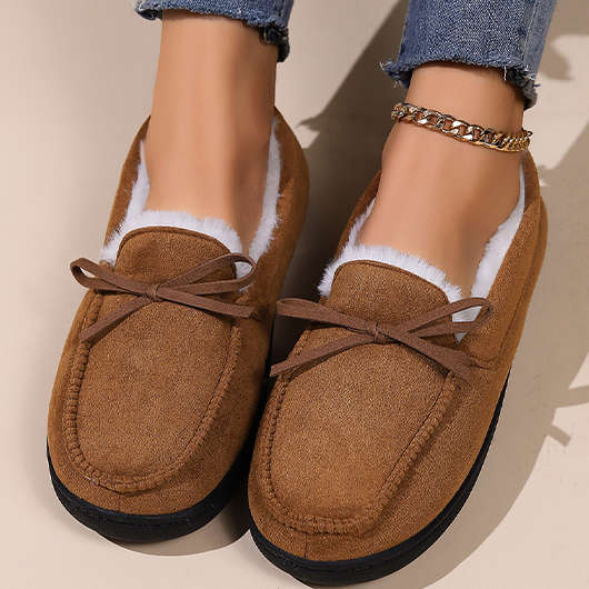 Faux Fur Dark Camel Bowknot Falt Closed Toe Slippers
