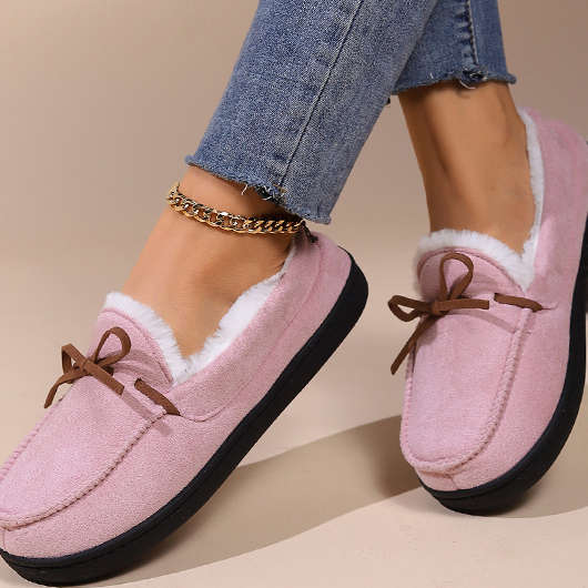 Faux Fur Pink Bowknot Falt Closed Toe Slippers