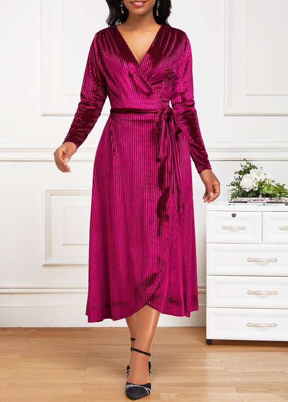Surplice Neon Rose Red V Neck Long Sleeve Dress