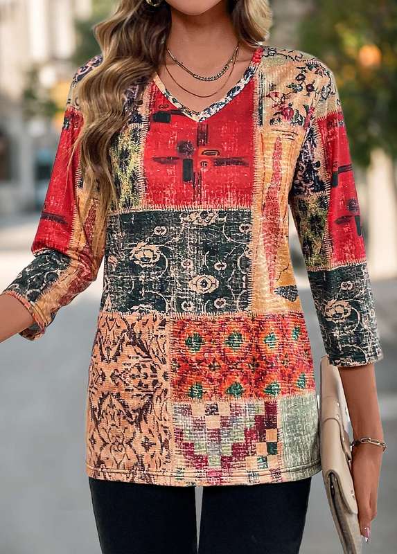 Patchwork Tribal Print Multi Color V Neck T Shirt