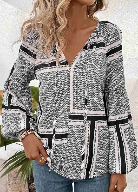 Tie Geometric Print Black Lace Up Collar Blouse
