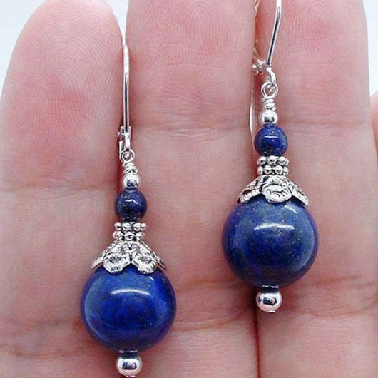 Geometric Blue Round Beaded Drop Earrings