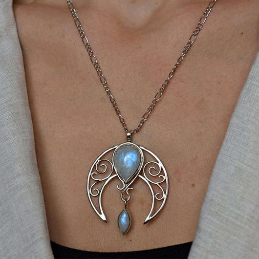 Moon Design Teardrop Silvery White Alloy Necklace