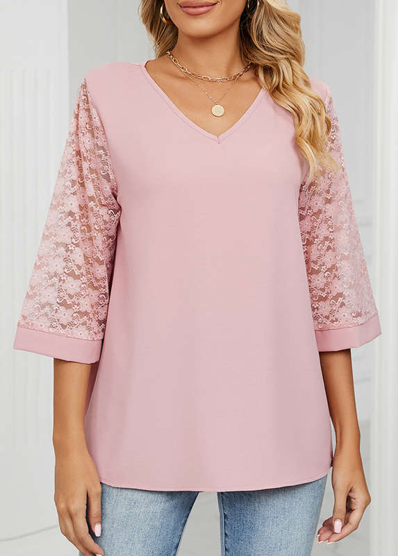 Lace Patchwork Light Pink V Neck Blouse