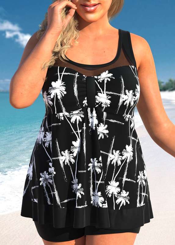 Plus Size Mesh Tropical Plants Print Black Tankini Set