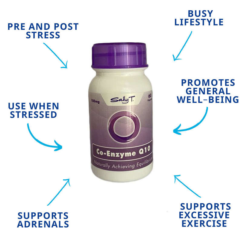 Sally T. Co-Enzyme Q 10 100mg/capsule. 60 Capsules. Blood pressure and heart health.