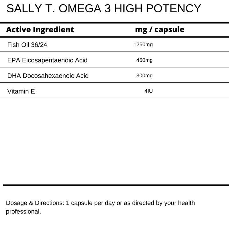 Sally T. Omega 3 High Potency 1250mg, 60 Capsules. Cardiovascular Health