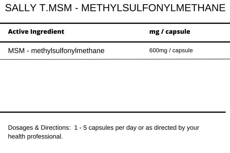 Sally T. MSM 600mg/capsule, 200 Capsules - Airborne Allergies, Joint & Skin, Hair & Nails