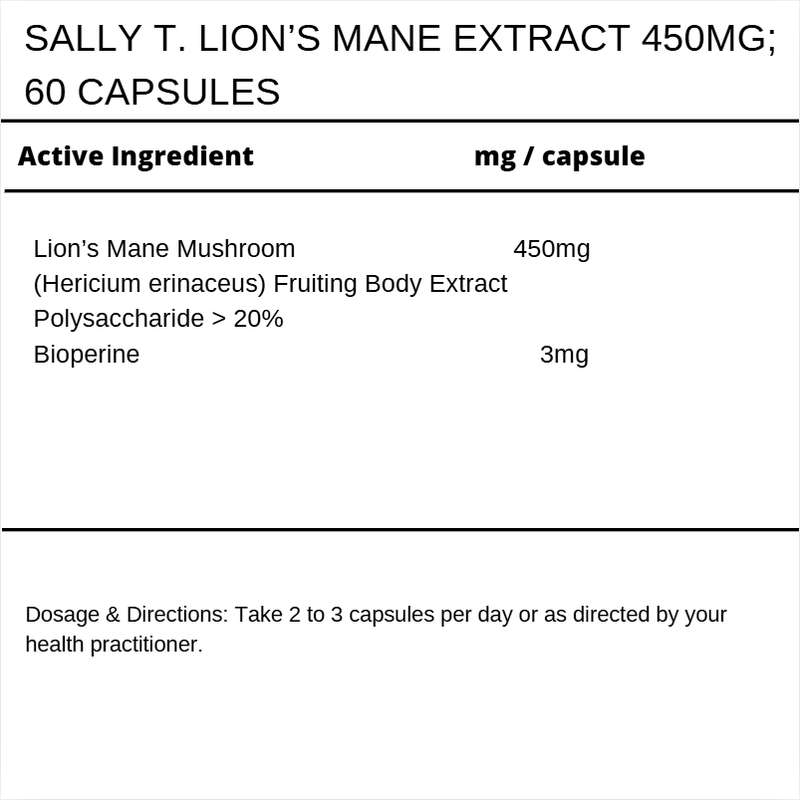 Sally T. Lions Mane 450mg/capsule, 60 Capsules. Brain & body booster