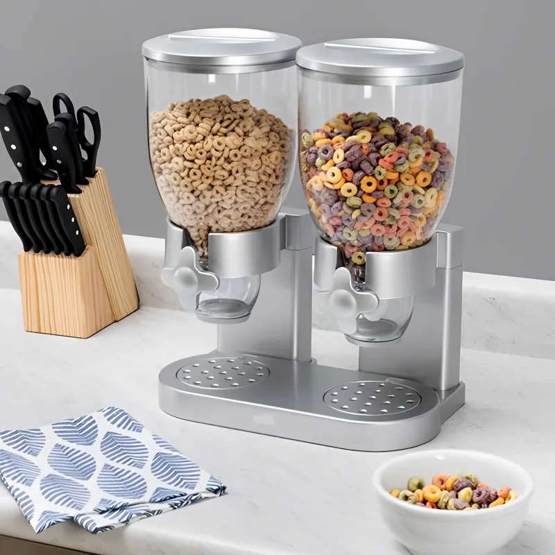 1000gms Double Barrel Cereal Dispenser with Portion Control - Silver