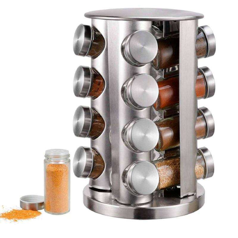 16 Pcs Kitchen Rotating Spice Rack Carousel Jar Organizer - Silver