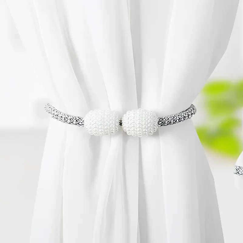 2 Pack Grey Magnetic Curtain Ties with Pearls