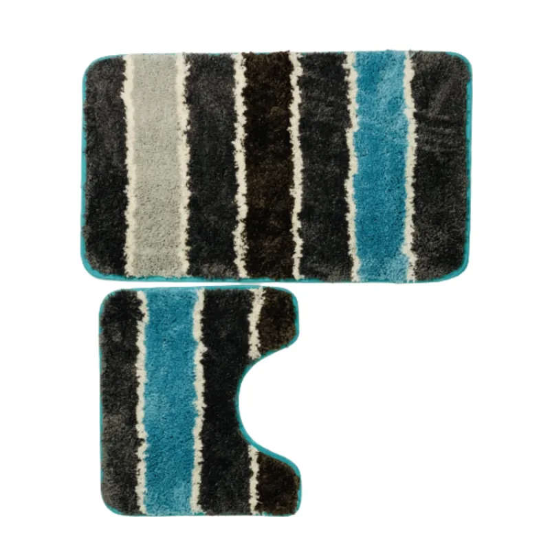2 Piece Bathroom Mat Fluffy Blue & Grey Plain
