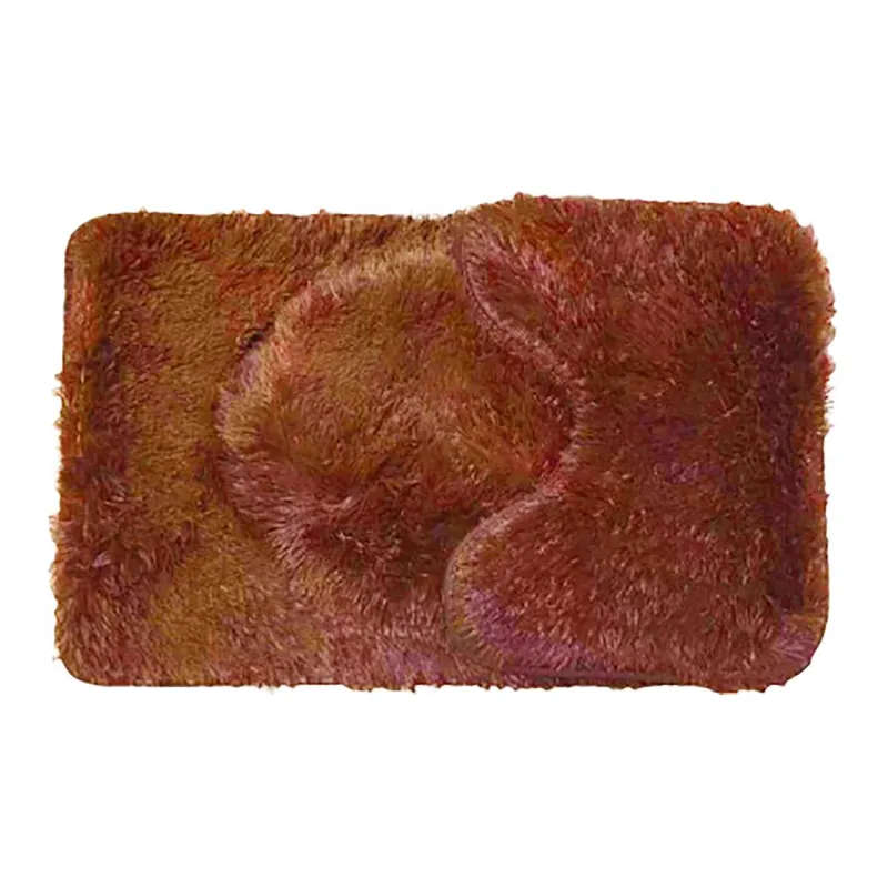 3 Piece Non-Slip Plush Toilet Seat Cover & Bathroom Mats Set - Fluffy Brown