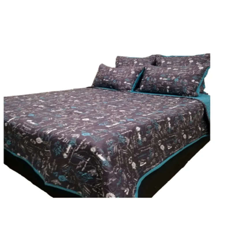 5 Piece Quilt Set Blue Black Eiffel Tower Bedspread Set