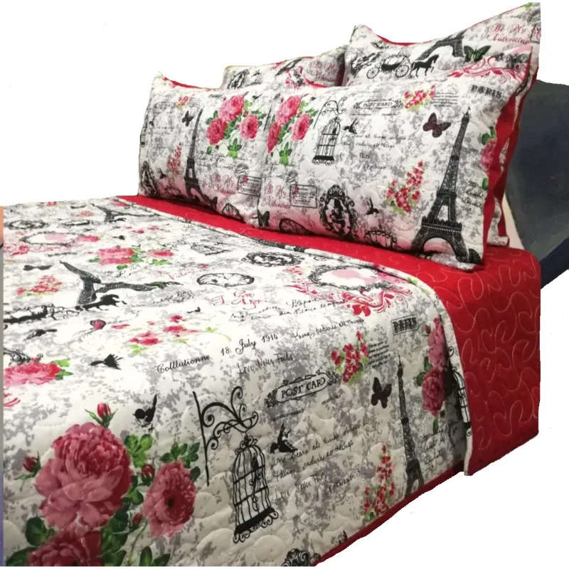 5 Piece Quilt Set Red Eiffel Tower Bedspread Set