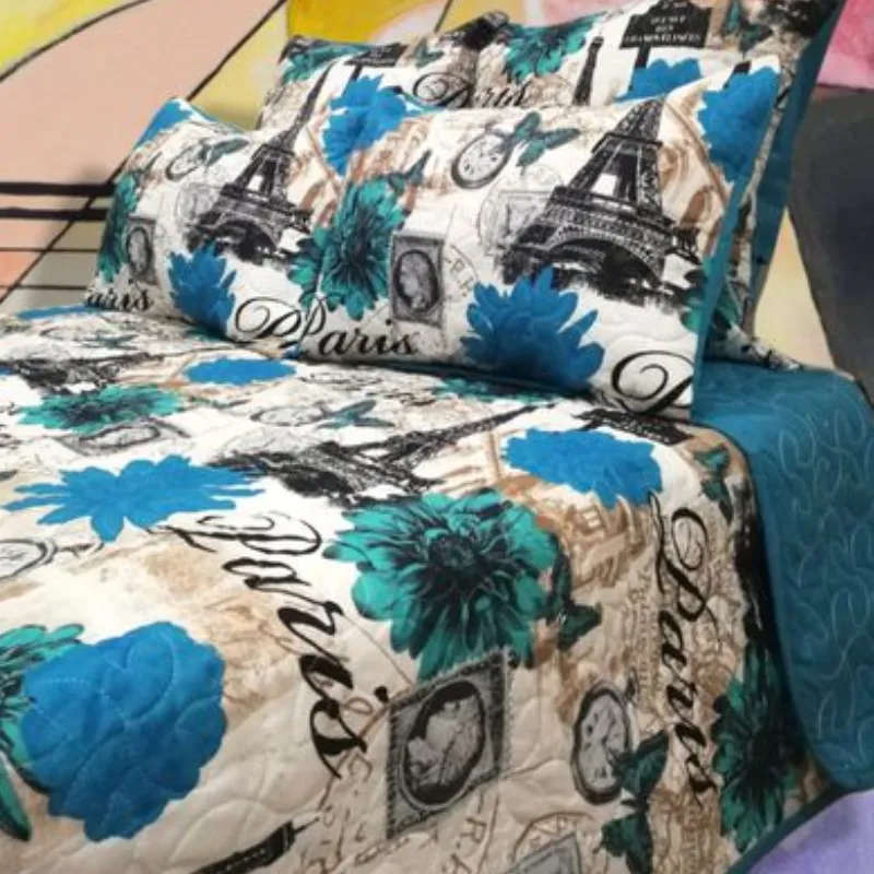 5 Piece Quilt Set Blue Eiffel Tower Bedspread Set
