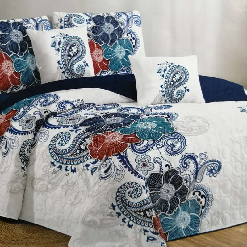 5 Piece Quilt Set Blue Flower Bedspread Set