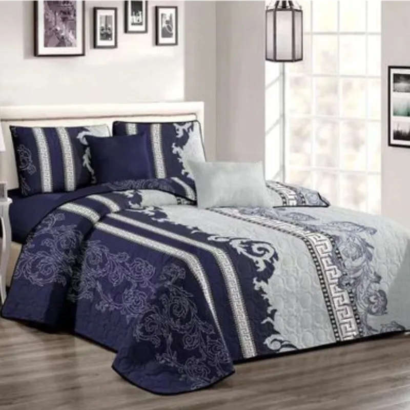 5 Piece Quilt Set Blue White Bedspread Set