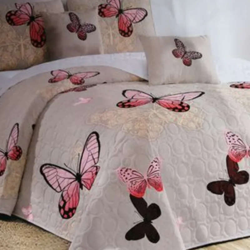 5 Piece Quilt Set Pink Butterfly Bedspread Set