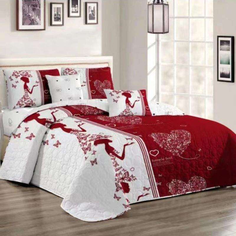 5 Piece Quilt Set White & Red Bedspread Set