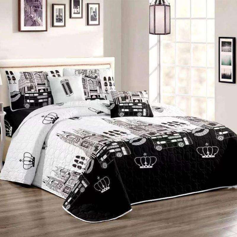 5pc Quilt Set White & Black Building Bedspread Set